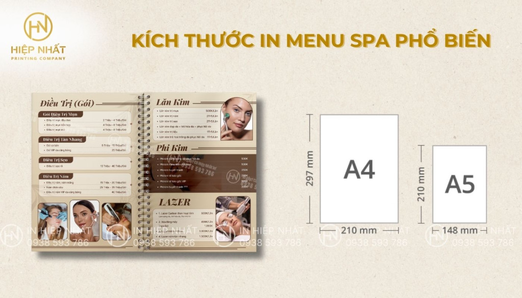Các kích thước in menu tiệm spa phổ biến tại In Hiệp Nhất Tổng hợp những kích thước in ấn menu spa