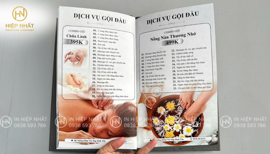 Mẫu in ấn menu spa bìa cứng gấp đôi Mẫu in menu spa TPHCM gấp đôi