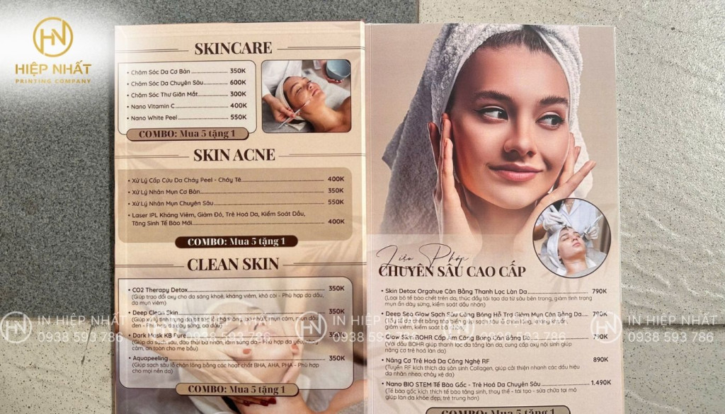 Mẫu in menu cho spa cao cấp bìa cứng gáy mở phẳng Mẫu in menu spa đẹp gáy mở phẳng