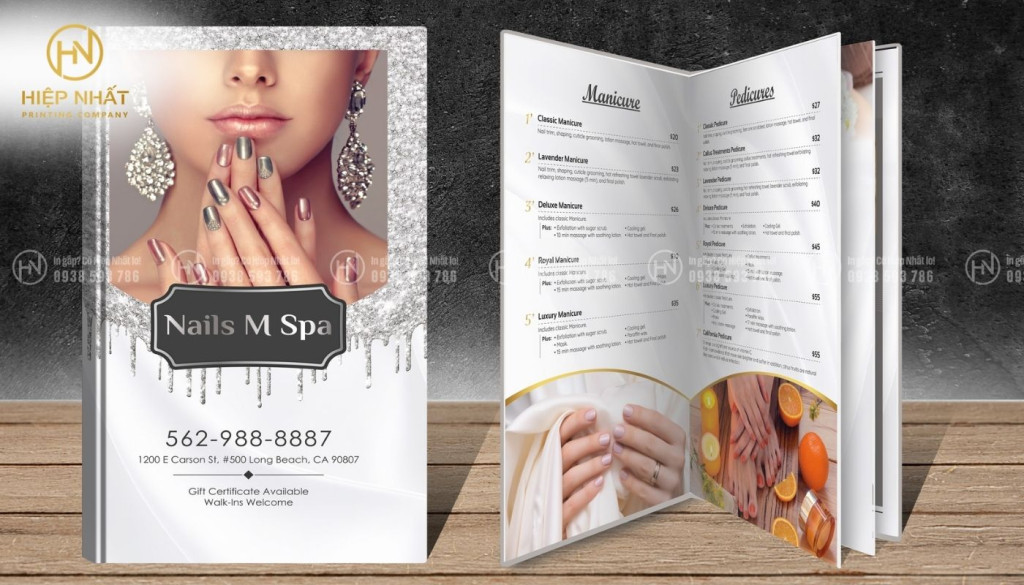 Mẫu in menu spa gáy mở phẳng cho tiệm spa cao cấp In menu spa TPHCM gáy mở phẳng