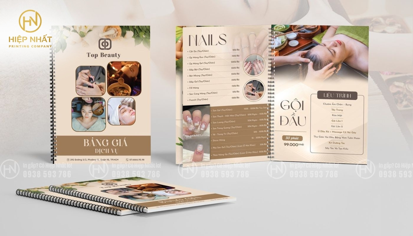 Làm menu nhựa lò xo cho tiệm spa