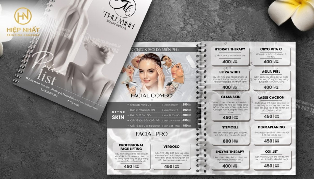 Mẫu thiết kế menu spa lò xo tông xám nhã nhặn In và thiết kế menu spa tone xám