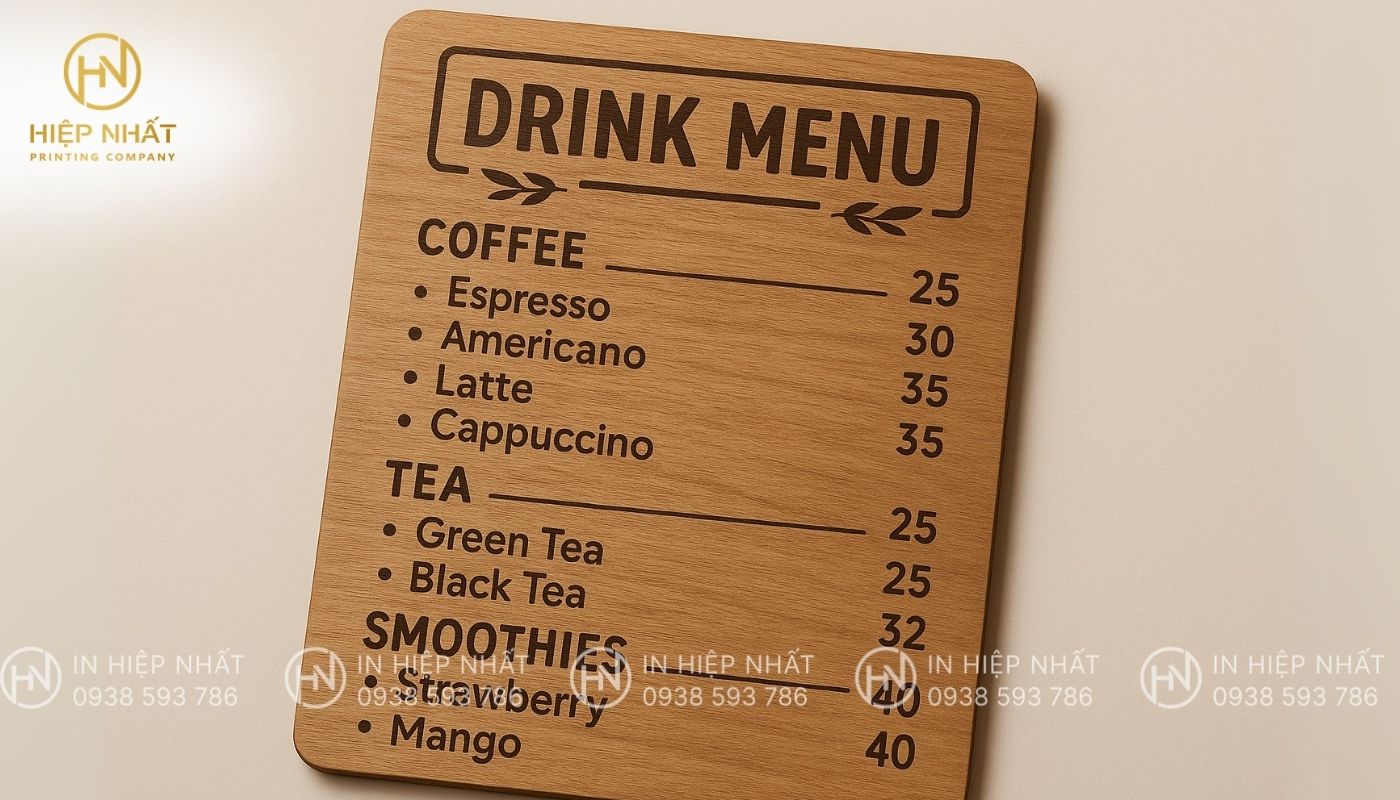In ấn menu gỗ công nghệ UV hiện đại