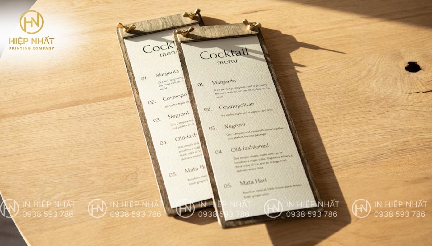 Mẫu in menu gỗ đẹp cho quán bar