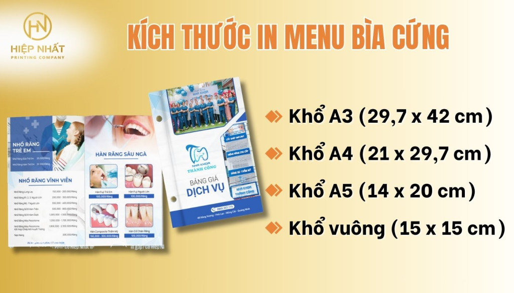 Những kích thước thông dụng khi in menu bìa cứng Các kích thước phổ biến của menu bìa cứng