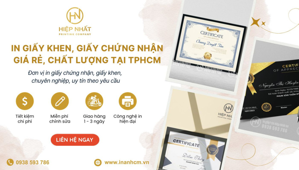 Dịch vụ in giấy chứng nhận TPHCM giá tốt tại In Hiệp Nhất
