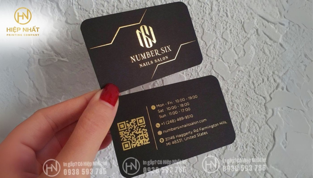 In card number cho tiệm Six nail đen ép kim vàng