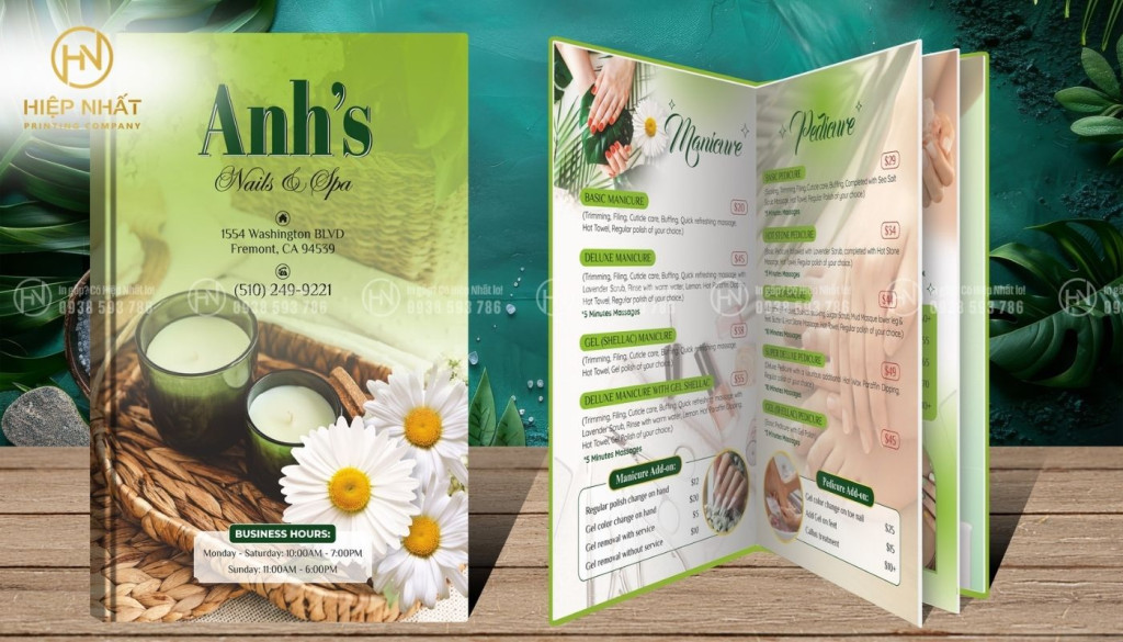 Mẫu menu bìa cứng cho tiệm spa theo phong cách thuần thiên nhiên Mẫu menu bìa cứng cho tiệm spa theo phong cách thuần thiên nhiên