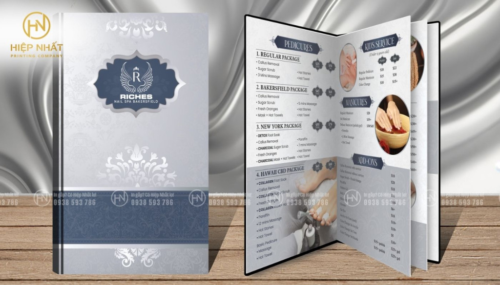 Mẫu in menu nail mở phẳng gáy dán In menu mở phẳng
