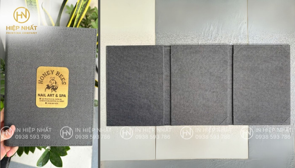 Mẫu in menu tiệm nail gấp đôi, gấp ba bìa vải tone in logo thương hiệu In menu tiệm nails gấp đôi, gấp 3