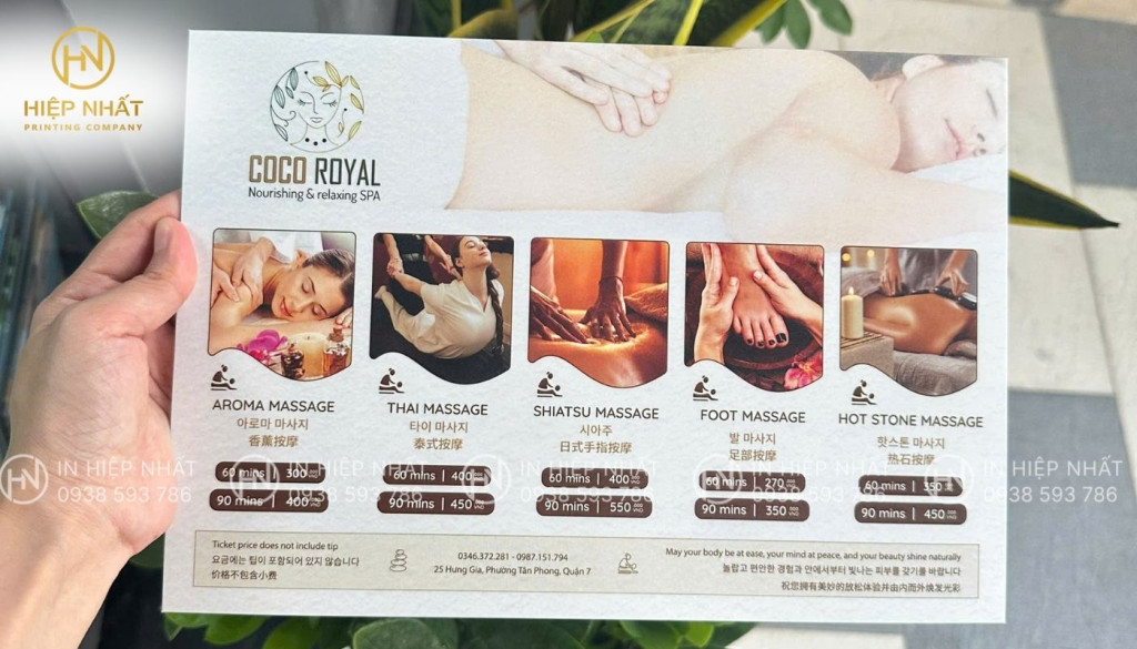 Mẫu in menu bìa cứng dạng bảng cho spa In menu bìa cứng dạng bảng