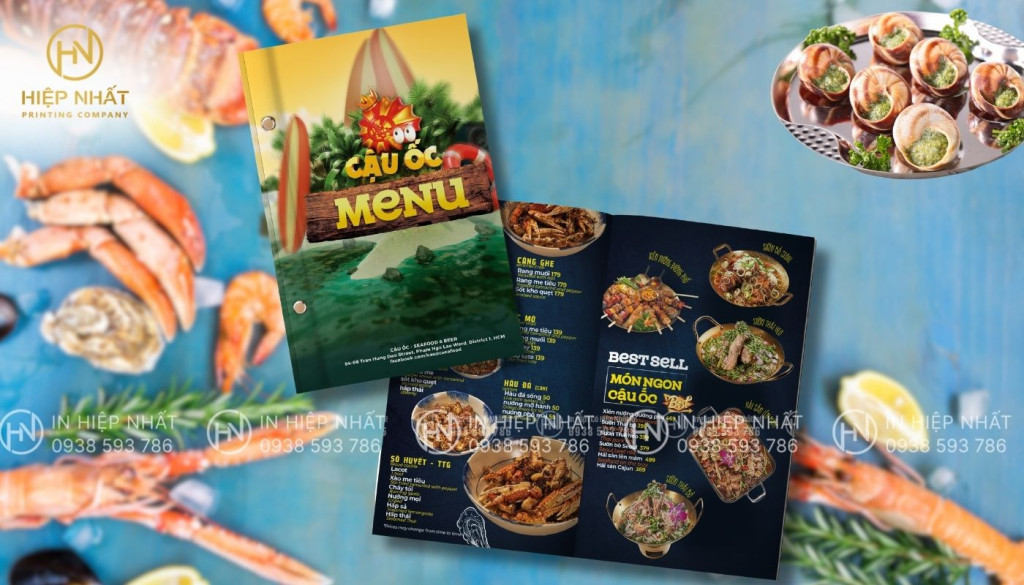 Mẫu in menu bìa cứng gáy ốc cho quán nhậu Cậu Ốc In menu bìa cứng gáy ốc