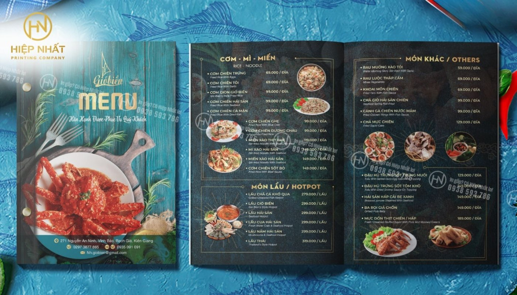 Mẫu in menu bìa cứng gáy ốc cho quán ăn Mẫu in menu bìa cứng gáy ốc cho quán ăn