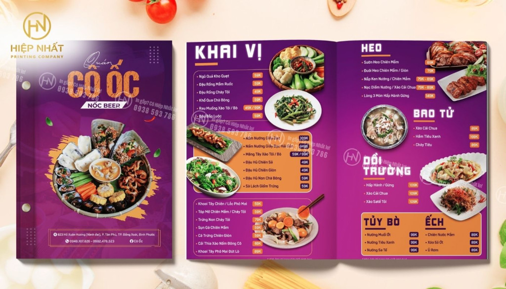 Mẫu thiết kế in menu bìa cứng gáy ốc cho quán Cô Ốc Mẫu thiết kế in menu bìa cứng gáy ốc cho quán Cô Ốc