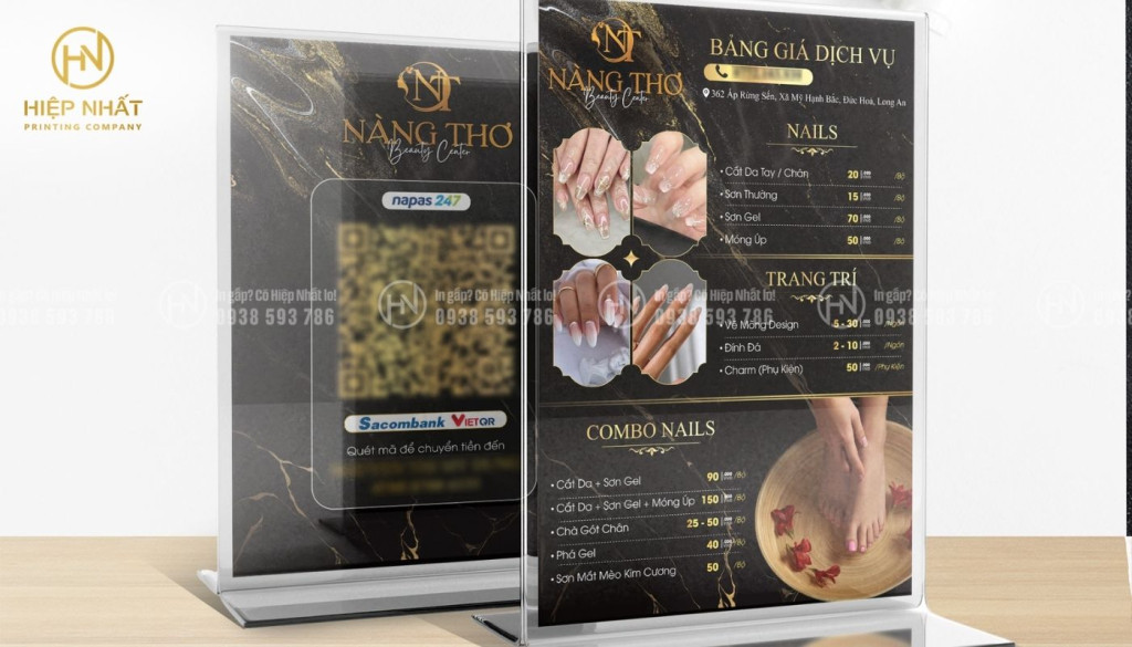 Mẫu menu để bàn chất liệu mica trong suốt, nhỏ gọn In menu nail mica