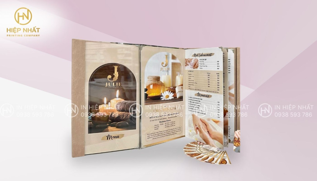 Mẫu menu mica cho tiệm nail, spa với tone màu pastel dịu dàng Mẫu menu mica cho tiệm nail, spa với tone màu pastel dịu dàng