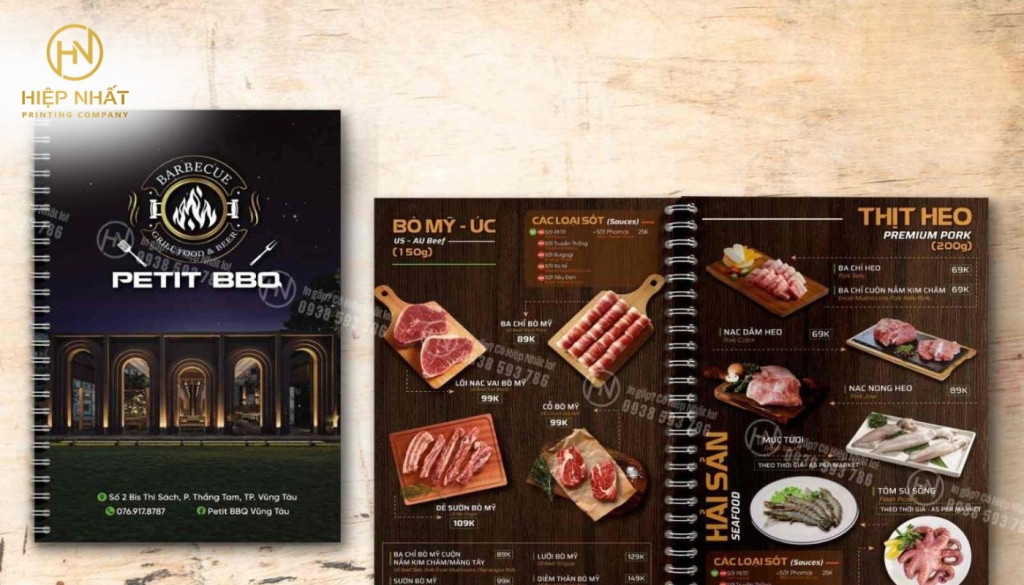 Mẫu in ấn menu nhà hàng đóng lò xo sang trọng