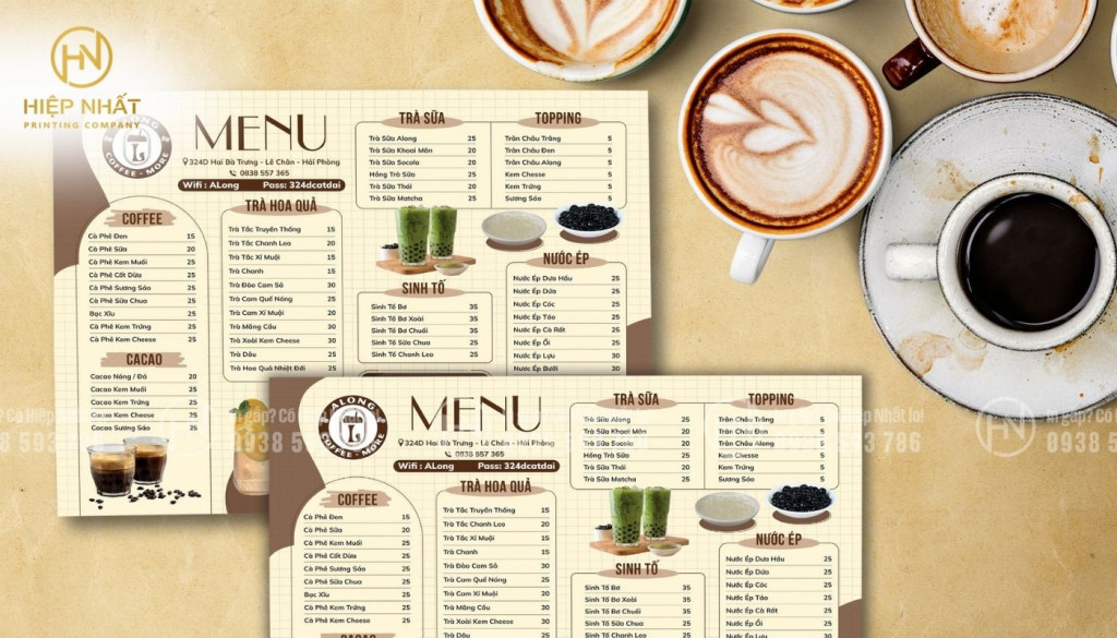 Menu treo quầy bền đẹp, dễ lau chùi, phù hợp phục vụ nhanh giờ cao điểm Mẫu in menu trà sữa dạng treo