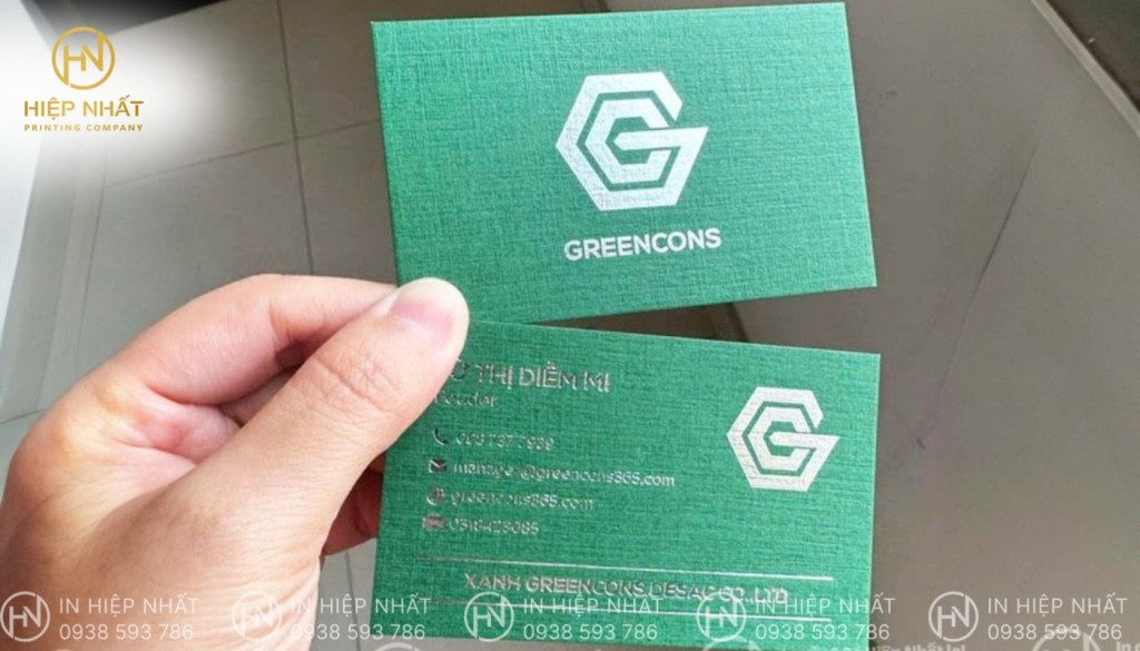 Thiết kế in ấn card visit Greencons xanh rêu dập nổi
