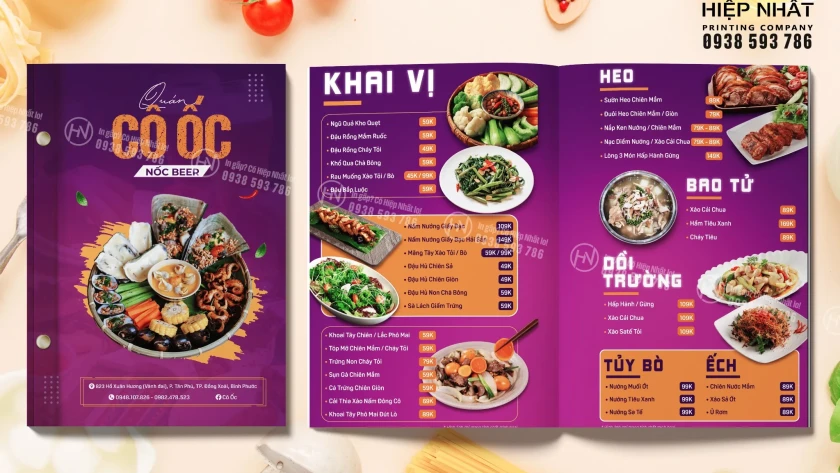 Menu bìa cứng gáy ốc cho quán ốc Cô Ốc