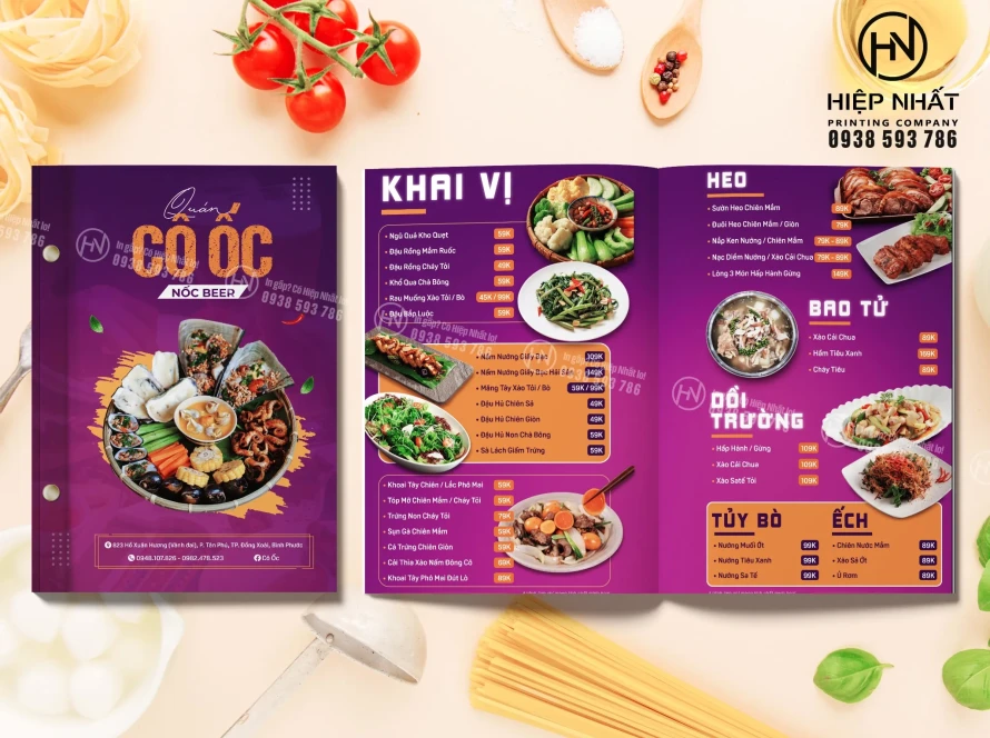 Menu bìa cứng gáy ốc cho quán ốc Cô Ốc