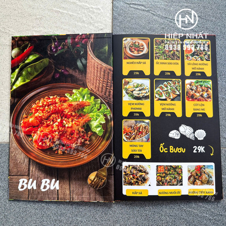 Bìa ngoài menu Bu Bu Quán – bìa carton cán nhám