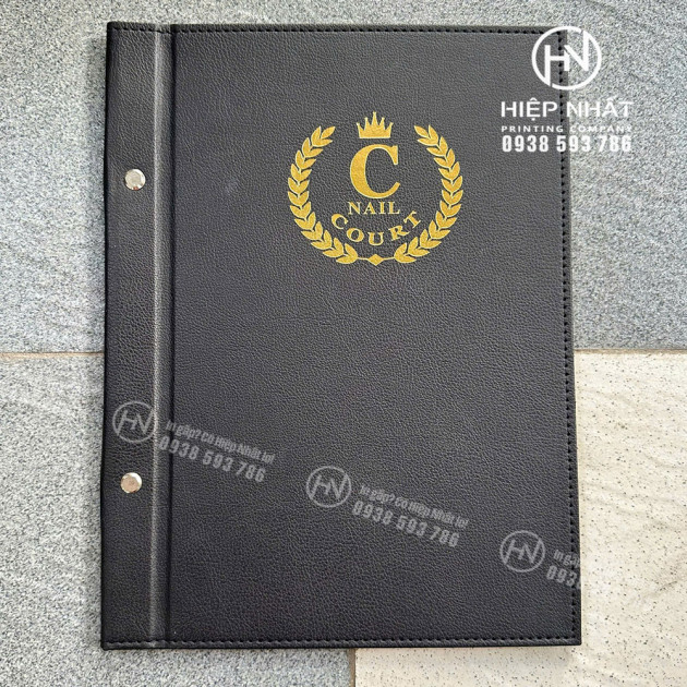 Menu bìa da gáy ốc trong ép kim logo tiệm nails