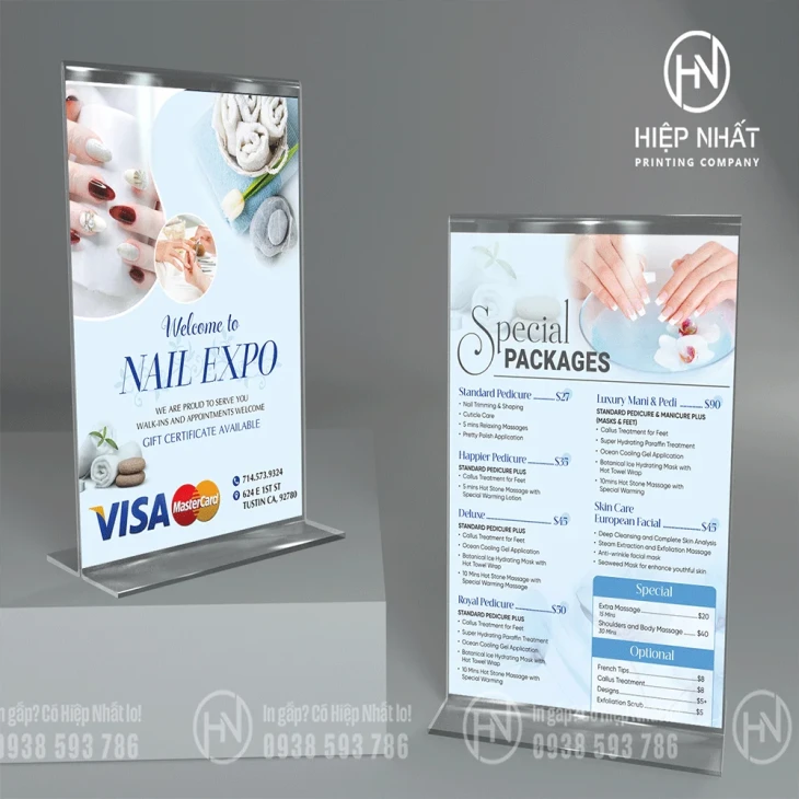 Menu mica để bàn A4 tại In Hiệp Nhất, in bảng giá tiệm nail