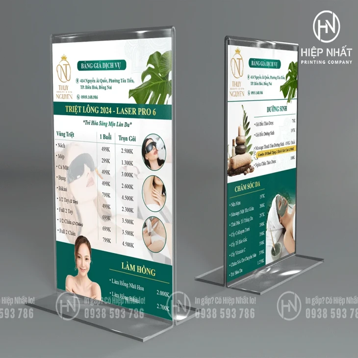 Menu mica để bàn spa làm đẹp, bảng giá dịch vụ chăm sóc da