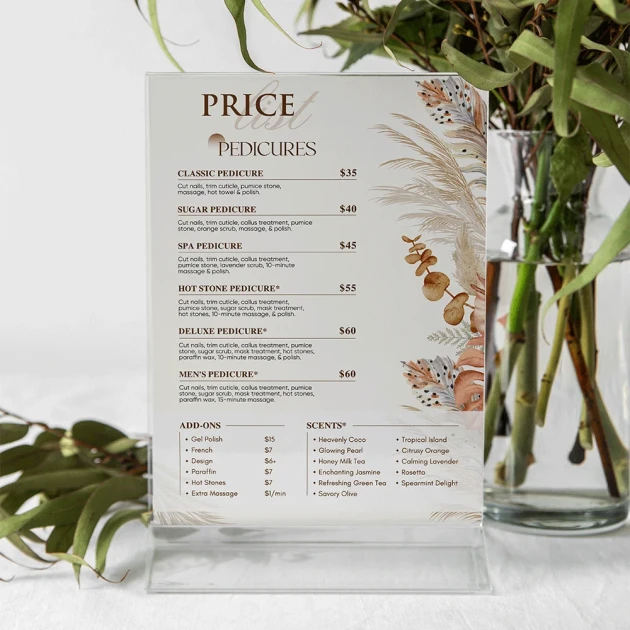 Menu mica để bàn A4 in bảng giá tiệm nails sang trọng