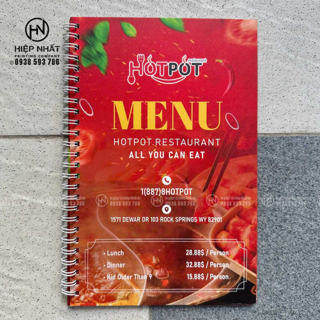 Menu nhựa lò xo A4 bìa trước thiết kế đỏ nổi bật cho nhà hàng buffet