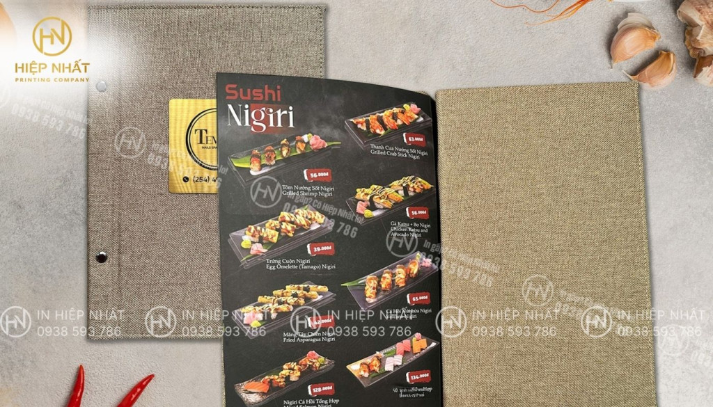 Mẫu in menu da tinh tế cho quán sushi Mẫu in menu da tinh tế cho quán sushi