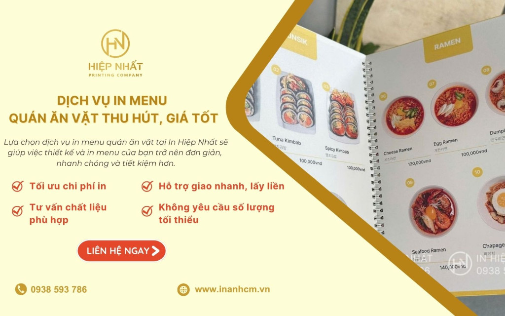 Đặt in mẫu menu quán ăn vặt chất lượng cao, đẹp mắt tại In Hiệp Nhất In Hiệp Nhất - Đơn vị in menu quán ăn vặt đẹp, giá tốt