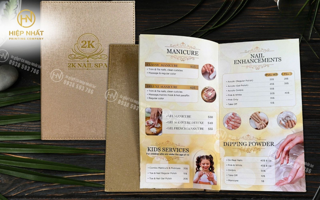 Thiết kế menu bìa da cho 2K Nail Spa Thiết kế menu bìa da cho 2K Nail Spa