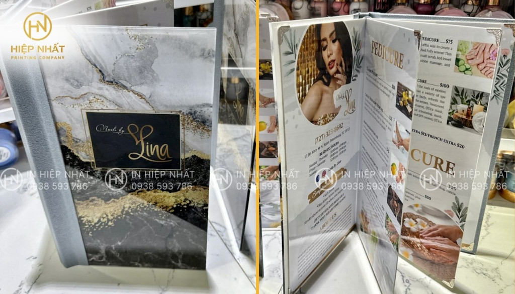 Mẫu in menu mica đóng cuốn cao cấp cho tiệm nail phong cách tối giản Mẫu in menu mica đóng cuốn cao cấp cho tiệm nail phong cách tối giản