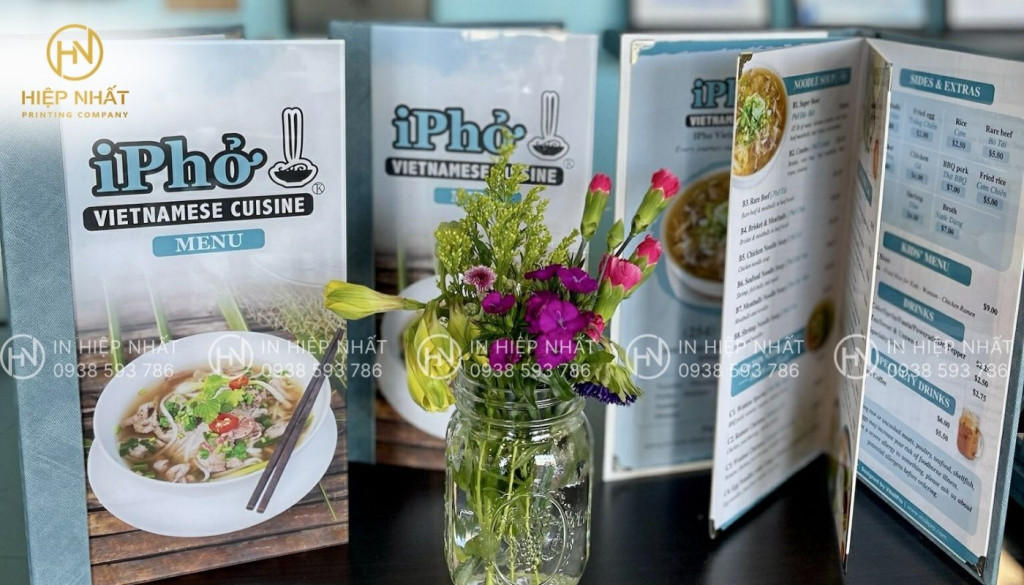 Mẫu in menu mika đóng cuốn cho tiệm phở cao cấp Mẫu in menu mika đóng cuốn cho tiệm phở cao cấp