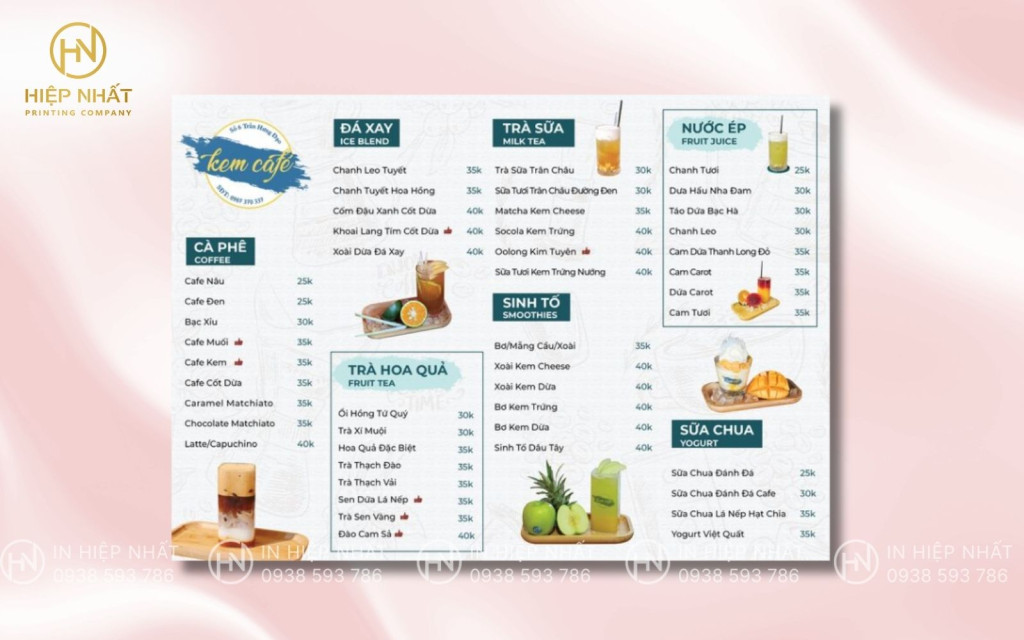 Mẫu menu quán trà sữa bảng nhiều món