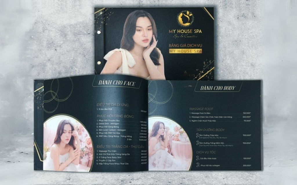 Menu spa khổ ngang rộng rãi, tone màu sang trọng