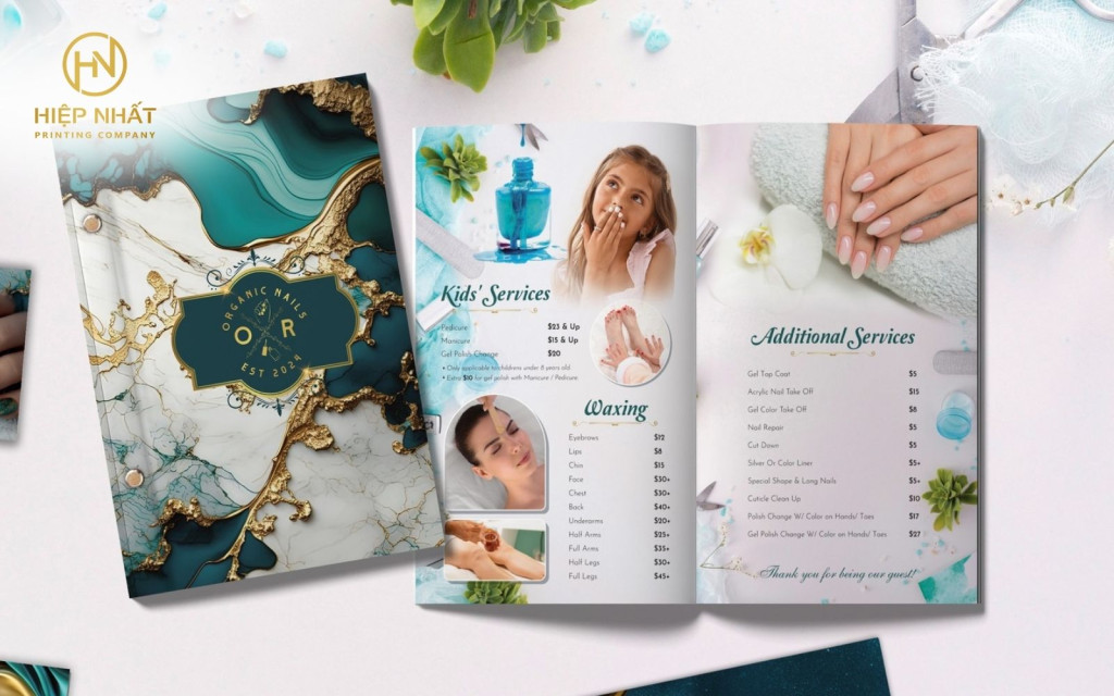 Mẫu menu spa gấp đôi tone xanh bắt mắt Mẫu menu spa gấp đôi tone xanh bắt mắt