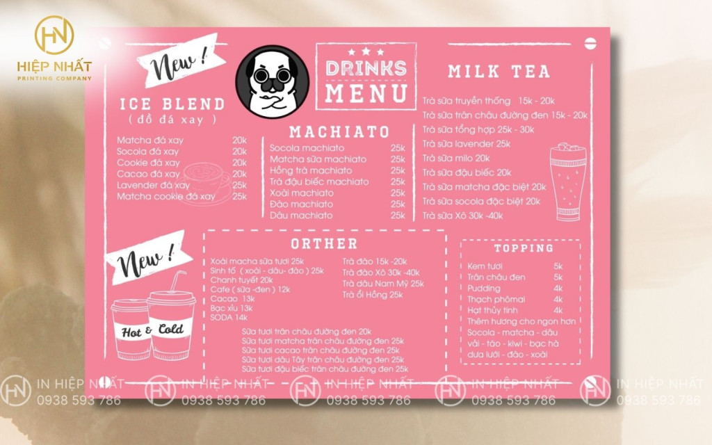 Menu trà sữa hồng, mascot dễ thương