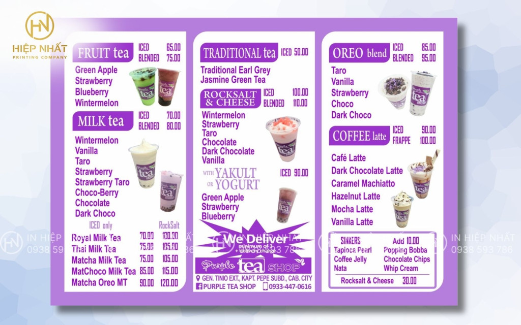 Mẫu menu quán trà sữa dễ thương, màu sắc nổi bật