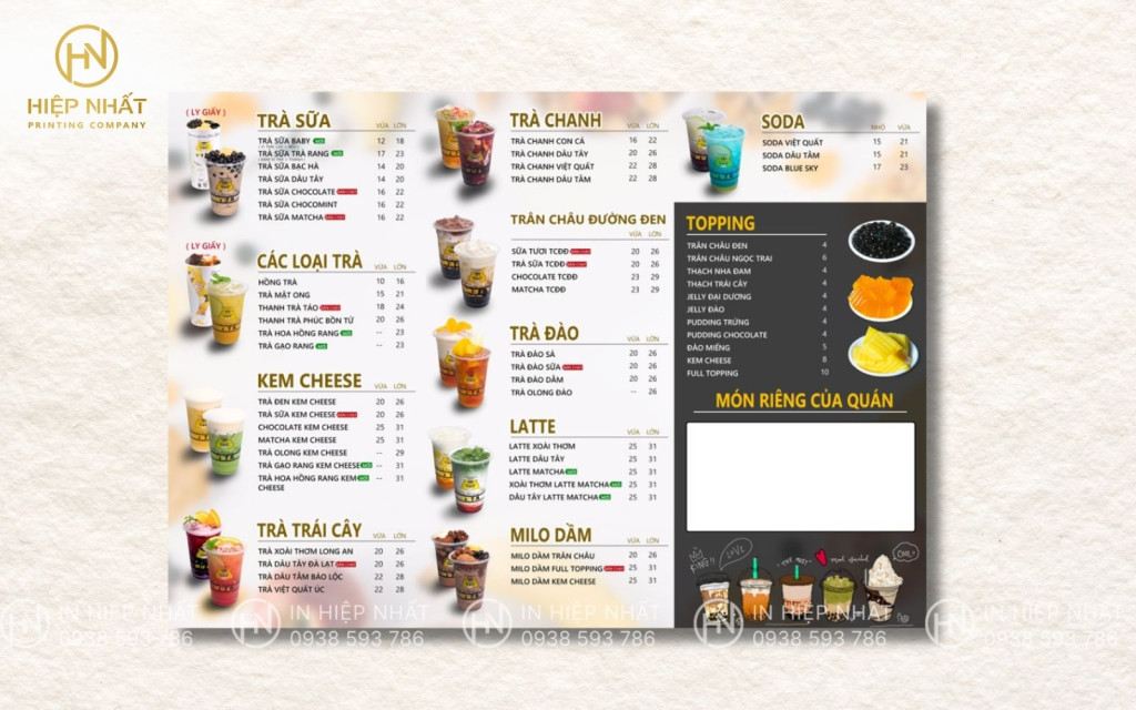 Menu 1 mặt đơn giản, in nhanh