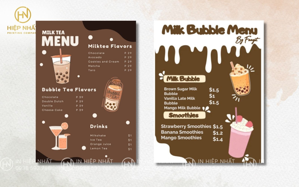 Mẫu menu quán trà sữa nhỏ gọn đặt trên quầy