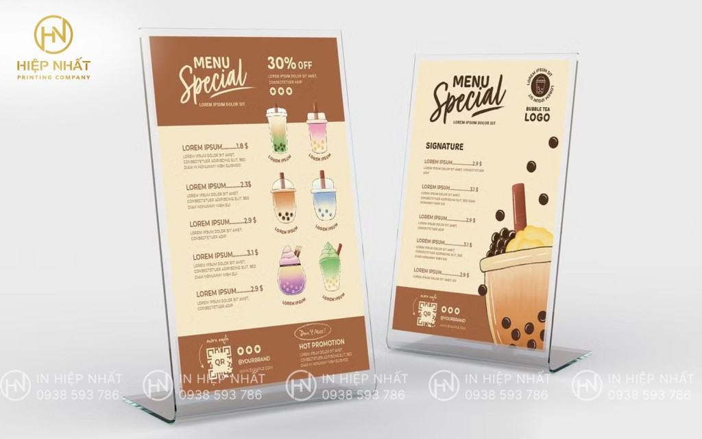 Mẫu menu quán trà sữa mica để bàn, dễ cập nhật giá