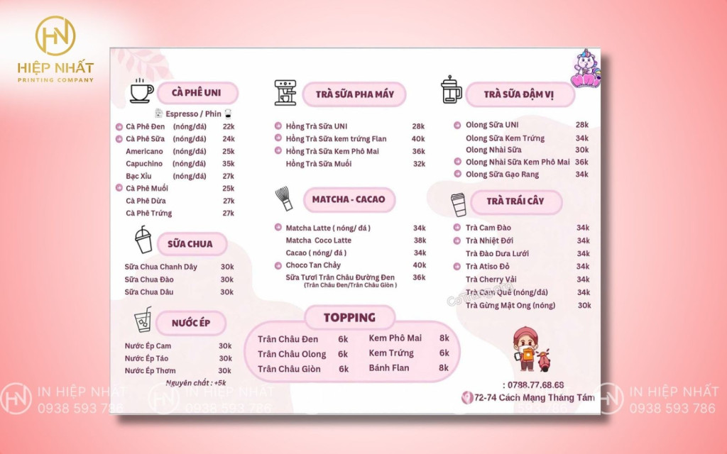 Mẫu menu quán trà sữa treo kèm icon minh họa