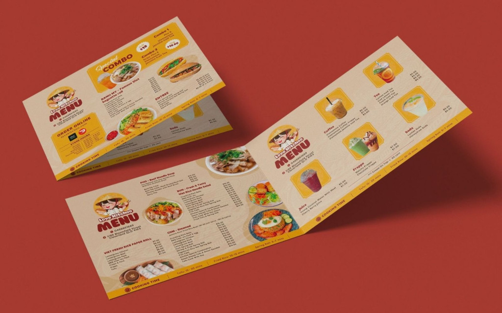 In menu gập đôi rộng rãi, nhiều không gian trình bày món ăn In menu gập đôi rộng rãi, nhiều không gian trình bày món ăn