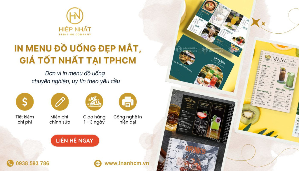 In menu đồ uống đẹp tại In Hiệp Nhất