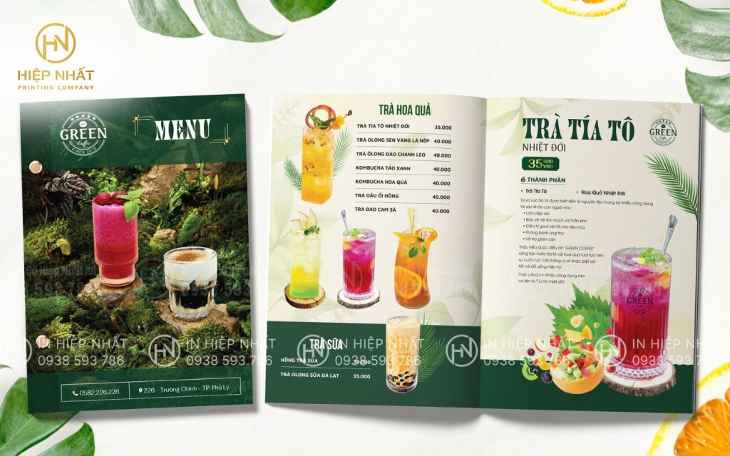 Mẫu menu bìa da cho quán đồ uống Green