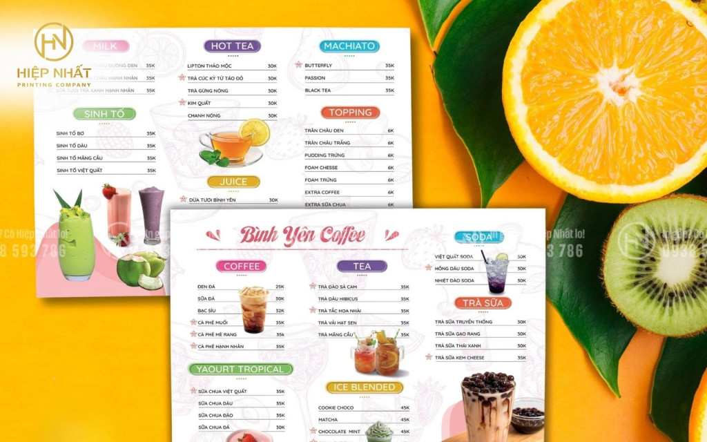 Mẫu menu giải khát cho quán Bình Yên