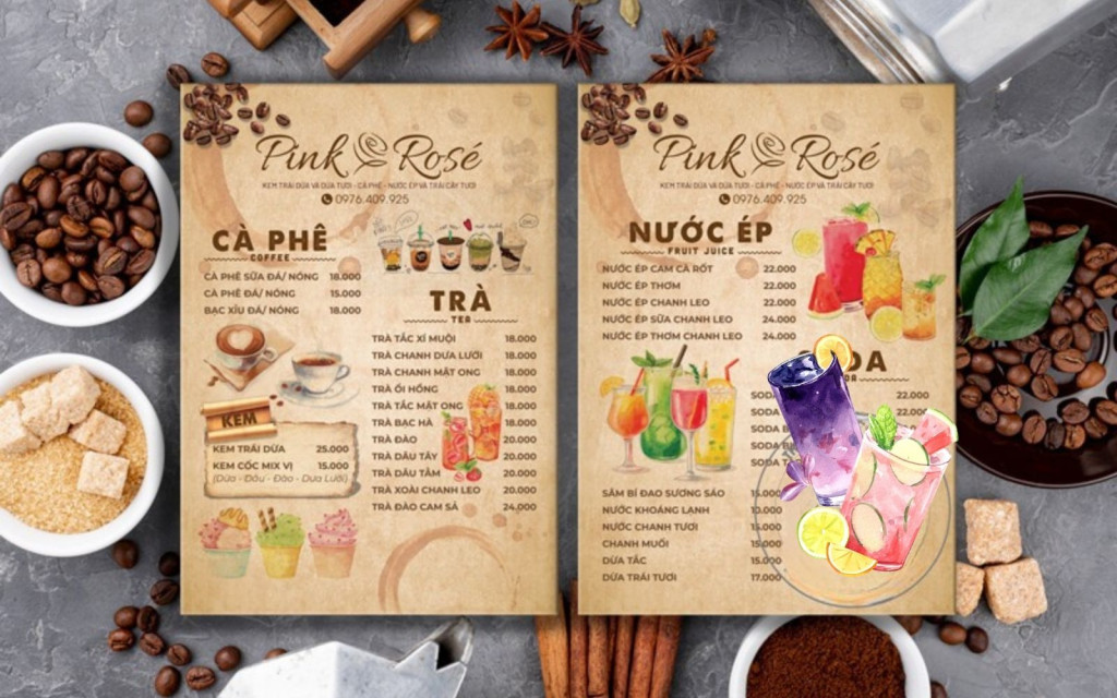 Thiết kế menu nước uống cho quán Pink Rose